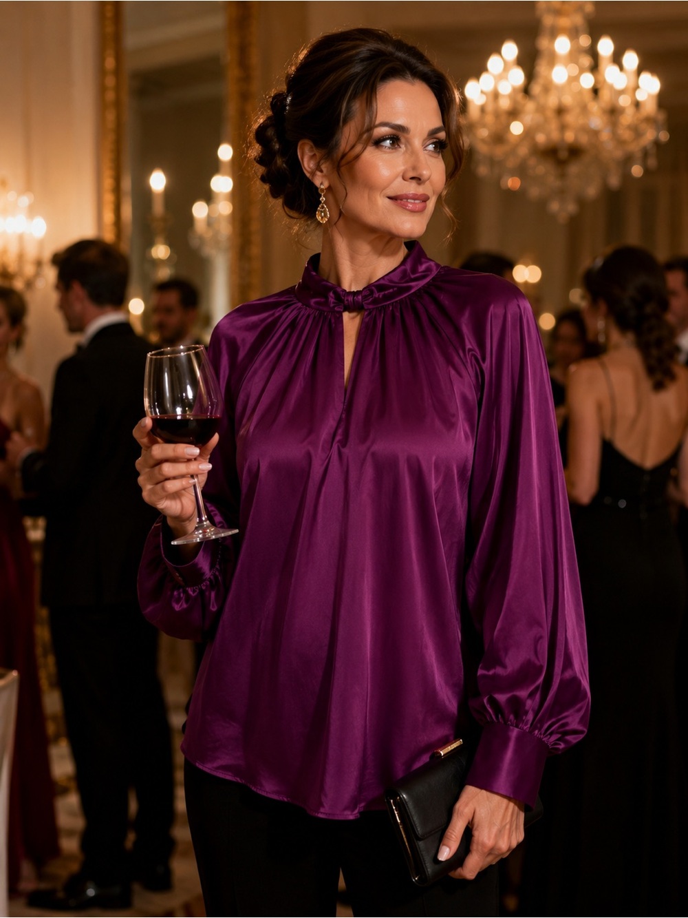 Elegant Purple Satin Long Sleeve Blouse - Women's